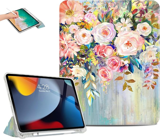 for iPad (A16) 11Th/10Th Generation Case 2025/2022, for iPad Case 11Th/10Th Generation, 10Th/11Th Gen Slim Cover Pencil Holder & 2 Viewing Angles & Typing Stand, Oil Painting Flower Art