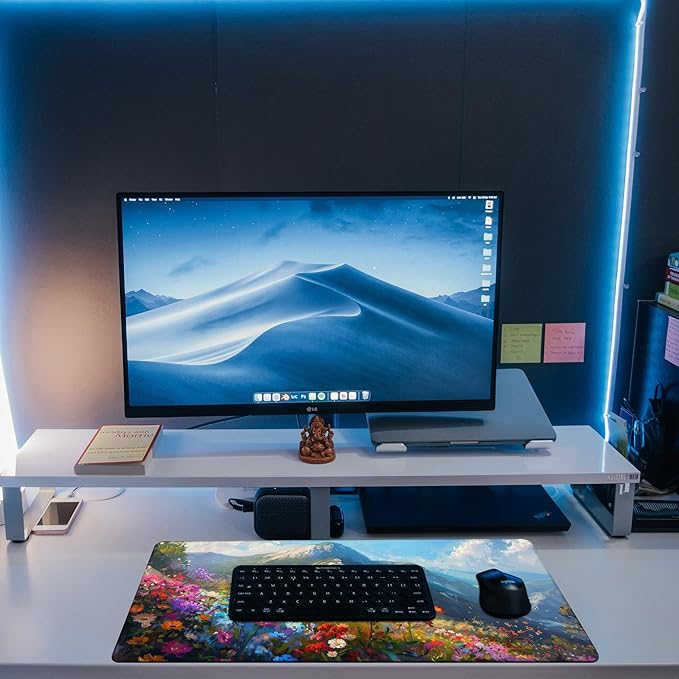 Large Gaming Mouse Pad for Desk, Watercolor Colorful Wildflowers Desk Mat, Flowers On Mountains Desk Pad, 31.5"x15.7" Extended Big Computer Mouse Pad with Non-Slip Base and Stitched Edge