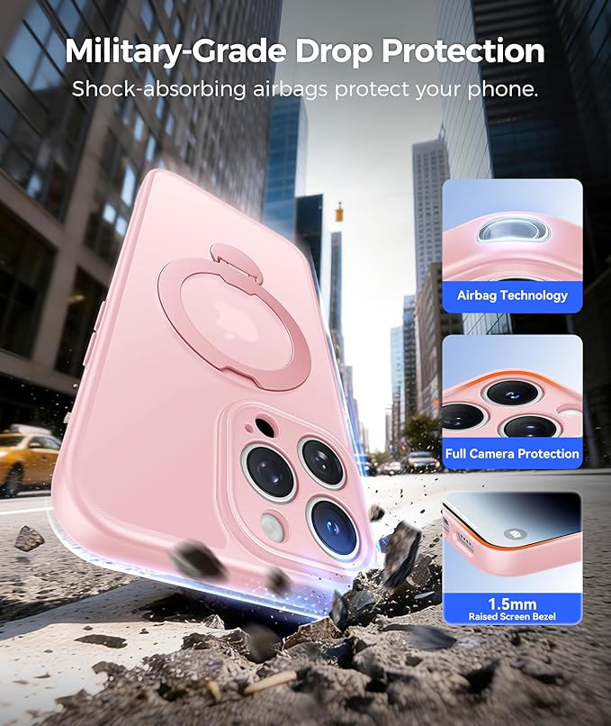 FNTCASE for iPhone 14 Pro Case: [360 Spin Magnetic Stand] [Compatible with Magsafe] [Screen Protector] Translucent Matte Military Grade Shockproof Full Camera Protective Phone Cover - Pink