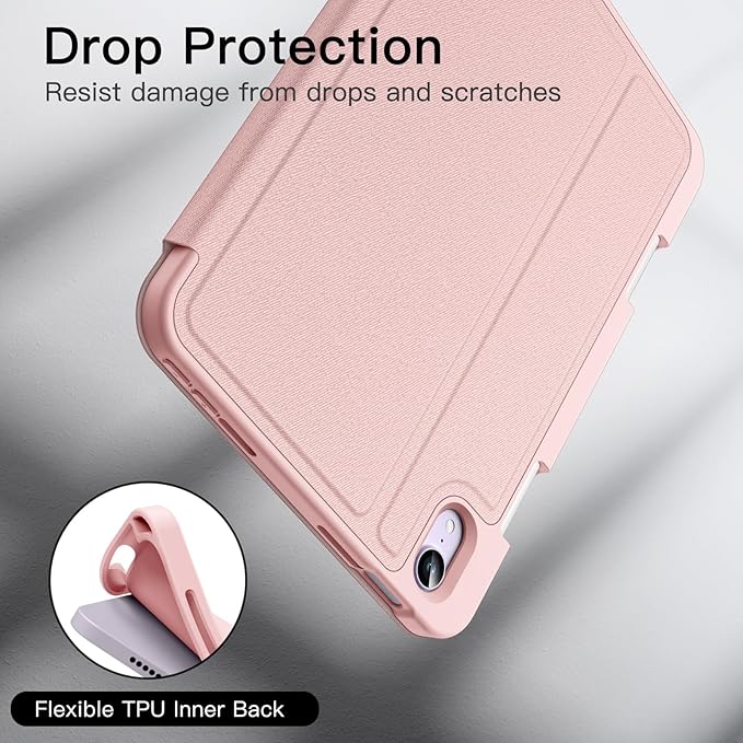 JETech Case for iPad mini (A17 Pro, 2024 Model, 7th) / Mini 6 (2021 Model, 6th) with Pencil Holder, Slim Folio Stand Protective Tablet Cover, Multi-Angle Viewing (Pink)