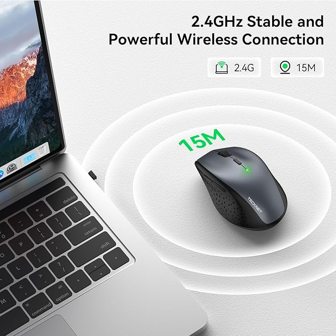 TECKNET Wireless Mouse, 2.4G USB Computer Mouse with 6-Level Adjustable 4800 DPI, Silent Quiet Click，30 Months Battery, Ergonomic Grips, 6 Buttons Portable for PC, Chromebook, Mac - Grey