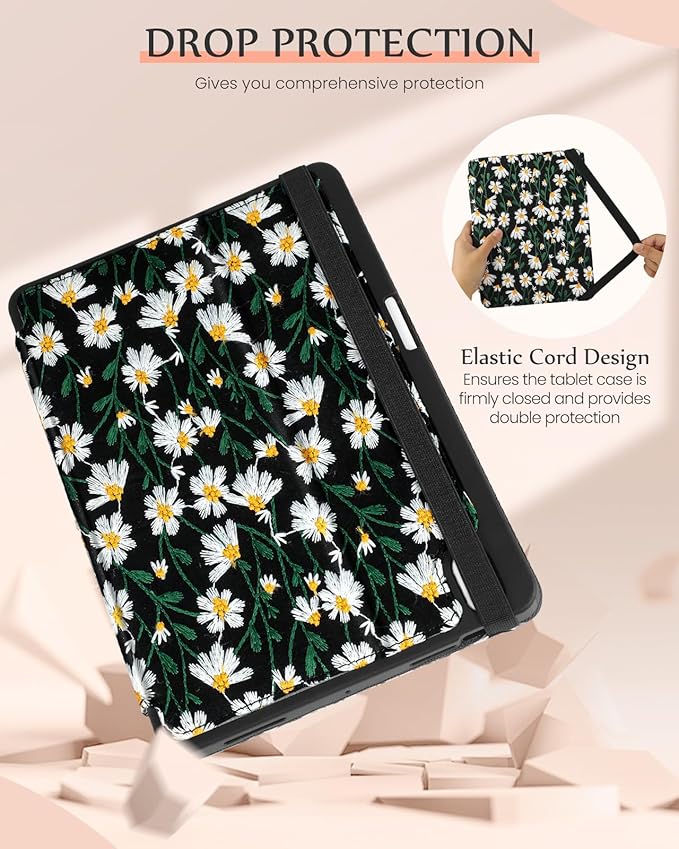 Uppuppy for iPad 10th Generation Case, for iPad (A16) 11th Generation Case - for Women Girls Cute Embroidered Folio Stand Cover with Pencil Holder & Card Slot Girly Daisy Floral Kawaii Aesthetic Cases