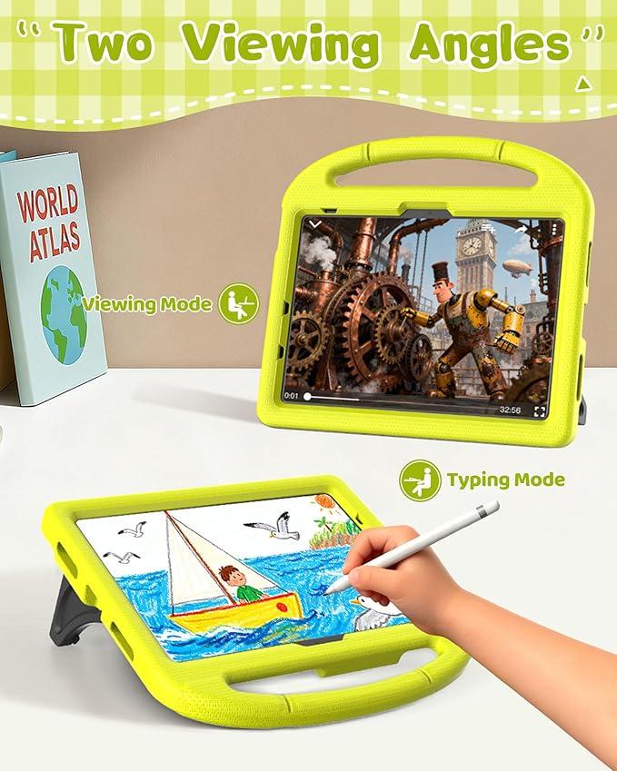 Kids Case for iPad A16 11th Gen 11-Inch 2025 & iPad 10th Generation (10.9" 2022), Durable Shockproof Fully-Body Cover with Screen Protector/Pencil Holder/Stand/Handle for Kids, Light Yellow