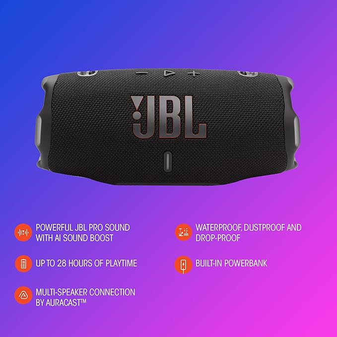 JBL Charge 6 - Portable Waterproof & Drop-Proof Bluetooth Speaker, Bold JBL Pro Sound with AI Sound Boost, 28Hrs of Playtime, Built-in powerbank & Comes with a Sturdy/Removable Carrying Strap (Blue)