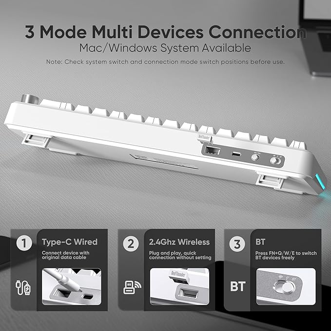 RedThunder K65 Wireless Mechanical Keyboard, CNC Knob, Tri-Mode BT5.0/2.4GHz/USB-C Hot Swappable Custom, Pre-lubed Linear Coconut Switches, Gasket Structure, RGB Gaming Keyboard, White Contour Lines