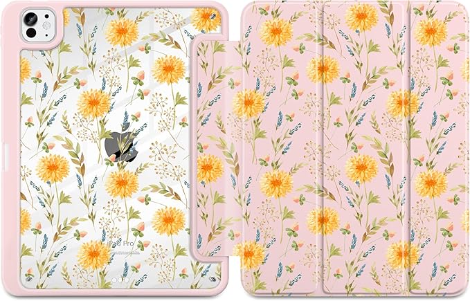 Case for iPad Pro 11 Inch (M5 2025 M4 2024) – [Built-in Pencil Holder], Shockproof & Stylish, Clear Hard Back + Soft TPU Edge, Magnetic Trifold Stand, Auto Wake/Sleep, Yellow Floral