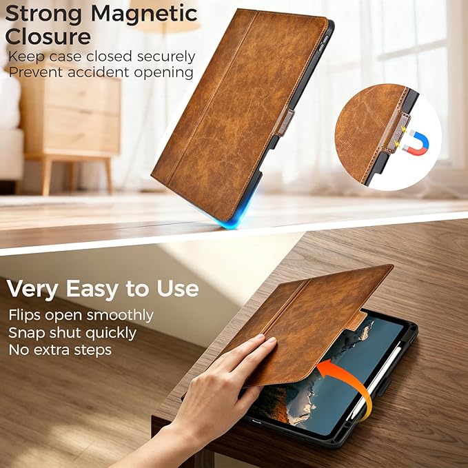 Slim Case for iPad Pro 13 Inch M5/M4 (2025/2024) A3360/A3361/A2925/A2926 with Pencil Holder,Lightweight Cover,Magnetic Closure,Multi Angle Stand,Typing Angle,Auto Sleep/Wake,Brown