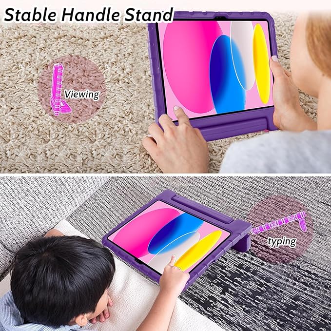 Dteck Kids Case for iPad 10th Gen 10.9 inch with Pencil Holder, Shockproof Rugged EVA Handle Stand, Child Proof, Purple