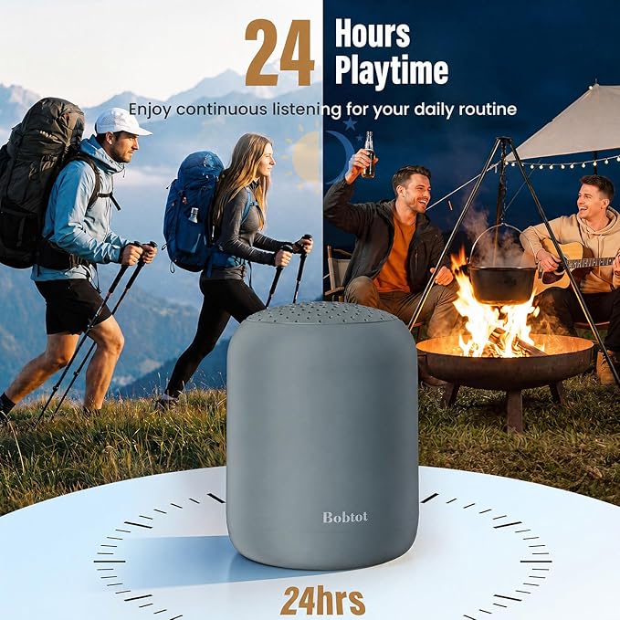 Bobtot Portable Bluetooth Speakers Wireless, Waterproof Speaker with 24H Playtime, Loud Stereo Sound, TWS, Built-in Microphone, Small Size with Carry Lanyard, Gray