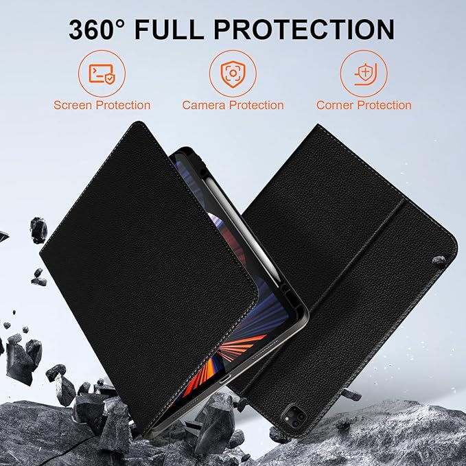 for iPad Pro 12.9 6th /5th /4th /3rd Generation Case 2022/2021/2020/2018, Premium Leather Folio Stand Cover with Built-in Apple Pencil Holder -Auto Wake/Sleep and Multi Viewing Angles, Black