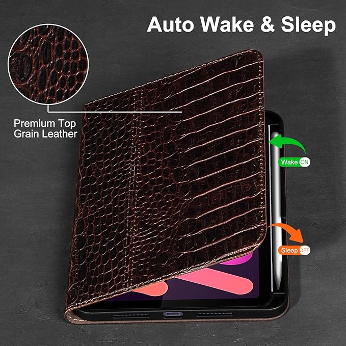 Gexmil Leather Case for iPad mini 7 (A17 Pro) 2024 / iPad mini 6 Generation 2021 8.3 Inch,Premium Cowhide Cover with Pencil Holder,Adjustable Stand, Auto Wake/Sleep,Brown Crocodile