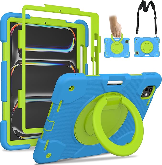 Andnary Case for iPad Pro 11 Inch M4 2024/M5 2025 Case, Heavy Duty Shockproof Cover with Screen Protector/360° Rotate Stand/Shoulder Strap/Pencil Holde (Blue+Green, iPad Pro M4/M5 11 inch)
