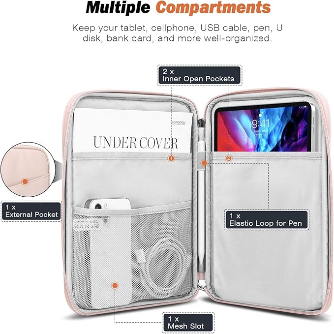 MoKo 9-11 Inch Tablet Sleeve Case, Fits New 11inch iPad Air M4/Pro M5, iPad A16 11", i-Pad 10/9/8/7th/Air 5/4th 10.9"/10.2", Tab S9/S8 11", Protective Bag Carrying Case with Pocket, Pink