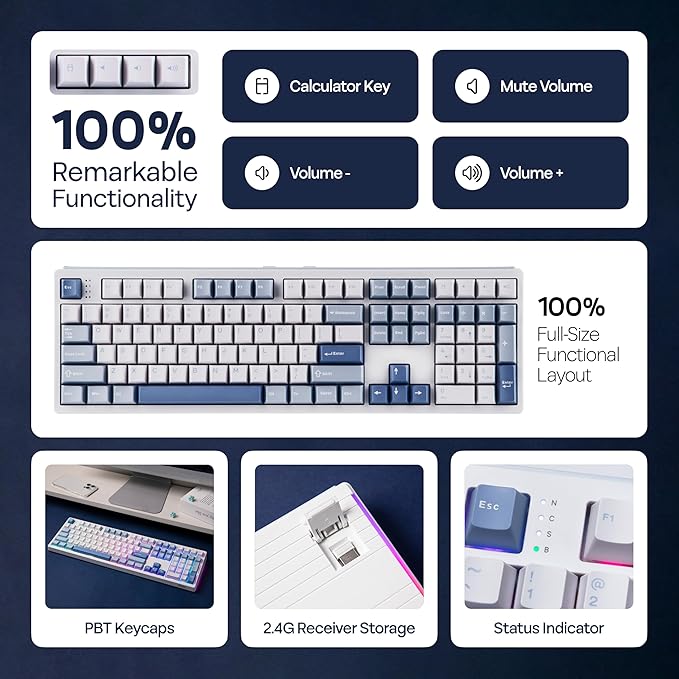 MechLands EPOMAKER TH108 Full Size Mechanical Keyboard, Wireless Gaming Keyboard, 8000mAh Battery, Creamy Gasket, 108 Keys, Hot Swap, Custom Driver, RGB Backlights (Blue&White, Sea Salt Silent Switch)