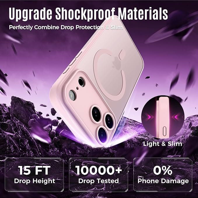 Symcele Designed for iPhone 17 Pro Case, Compatible with MagSafe, [Camera Protection] [15FT Military Drop Protection] Shockproof Translucent Matte Anti-Slip Phone Case, 6.3", Pink