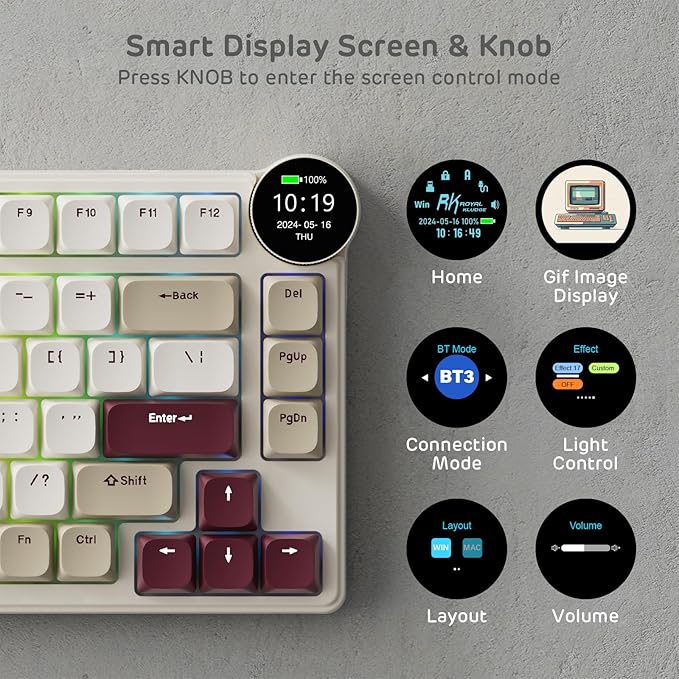 RK ROYAL KLUDGE N80 Low Profile Mechanical Keyboard w/Smart Display Screen & Knob, 75% Top Mount 3-Modes Wireless Mechanical Keyboard, Software Support, Massive Battery, 80 Keys, Quiet Red Switch