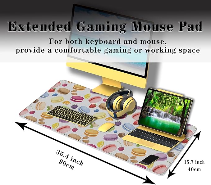 XXL Mousepad Macarons Gaming Mousepads Computer Desk Accessories for Women Keyboard Pads Ga Mouse Pad Non-Slip Rubber Base 35.4 X 15.7 for Game Office, Cake and Various Fruits