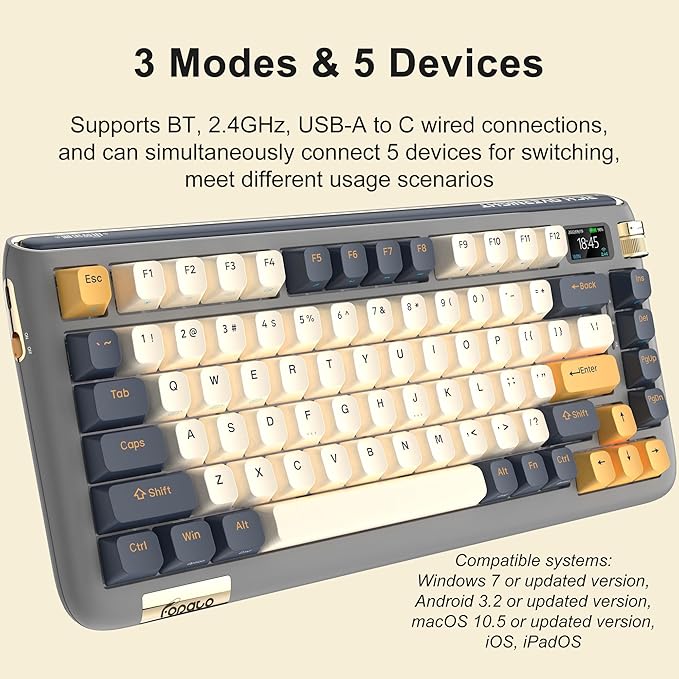 F75 Mechanical Keyboard, 75% Hot Swappable Gasket Structure Tri-Mode Gaming Keyboard, 81 Keys RGB Bluetooth Wireless Keyboard with Linear Switch, PBT Keycaps, Screen for Windows Mac (Gray)