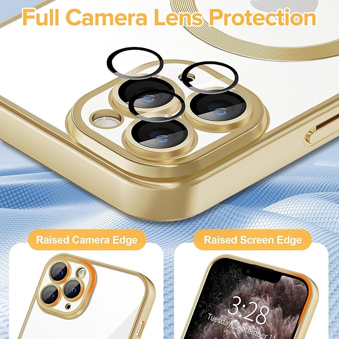 Hython Magnetic Clear for iPhone 11 Pro Max Case with Camera Lens Protector [Compatible with MagSafe] Plating Edge Slim Soft TPU Cover Protective Phone Case for iPhone 11 Pro Max 6.5", Matte Gold