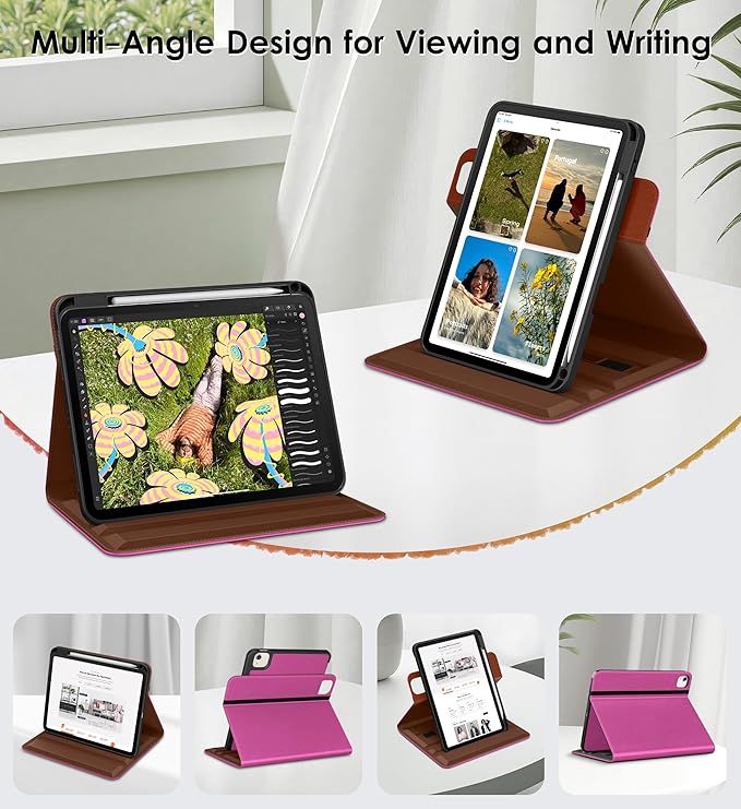 DTTO for iPad Air 11 inch Case M4 / M3 / M2 (2026/2025/2024), iPad Air 5th / 4th Gen (2022/2020), 360 Degree Rotating Premium Leather Folio Stand Cover with Pencil Holder, Rose Red