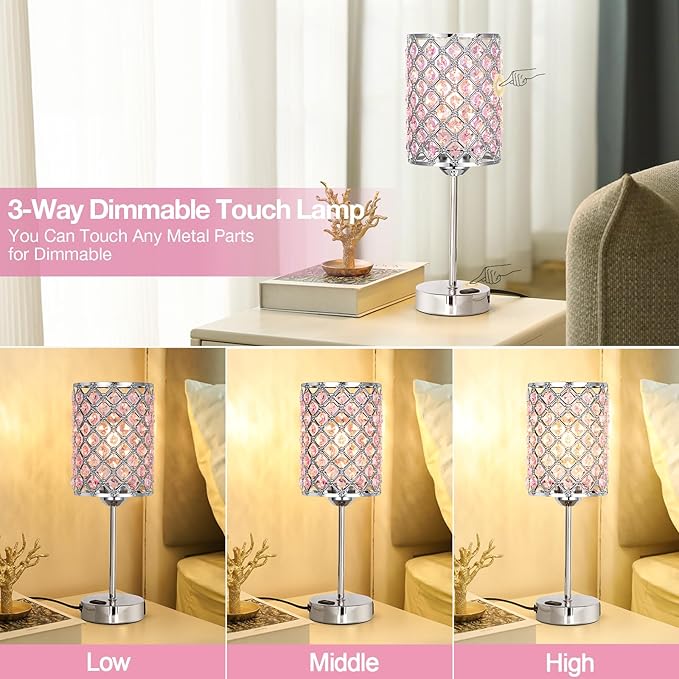 Hong-in Pink Lamps for Night Stands-Crystal Table Lamp with USB-C+A & AC Charging Ports, 3-Way Dimmable Nightstand Touch Lamp, Bedside Desk lamp for Bedroom Living Room Home Office