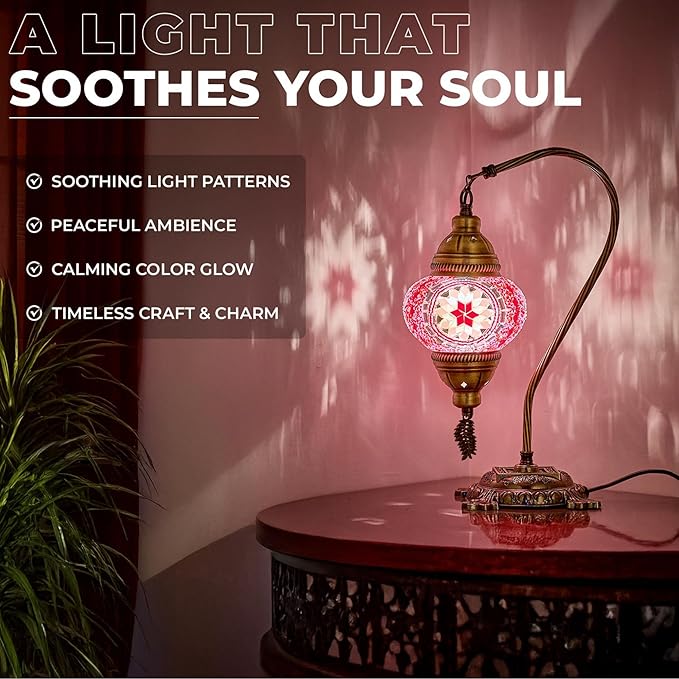 DEMMEX Turkish Moroccan Mosaic Table Lamp – Handcrafted Tiffany-Style Colorful Glass Swan Neck Bedside, Desk, Table Light, Boho Artisan Accent Lighting for Bedroom or Living Room – 15" H, Pink