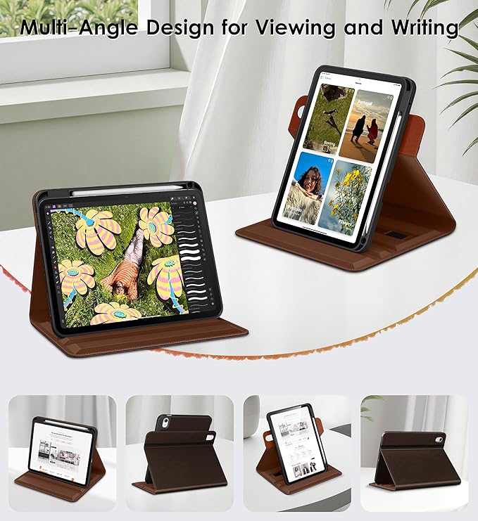 DTTO for iPad Air 11 inch Case M4 / M3 / M2 (2026/2025/2024), iPad Air 5th / 4th Gen (2022/2020), 360 Degree Rotating Premium Leather Folio Stand Cover with Pencil Holder, New Dark Brown