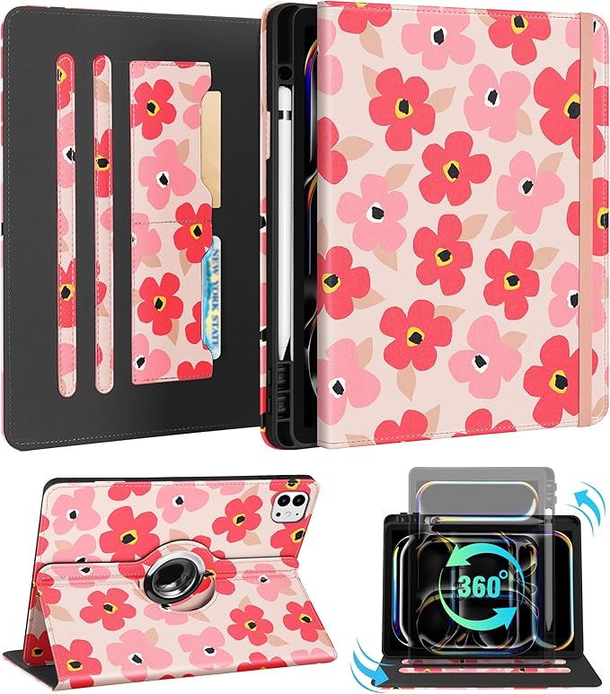 Kidcube for iPad Pro 13 Inch Case M4 2024 - Women Girls Cute Rotating Stand Folio Cover with Pencil Holder & Card Slot Kawaii Floral Flower Design for iPad Pro 13 Inch Case 2024 (A2925 A2926 A3007)