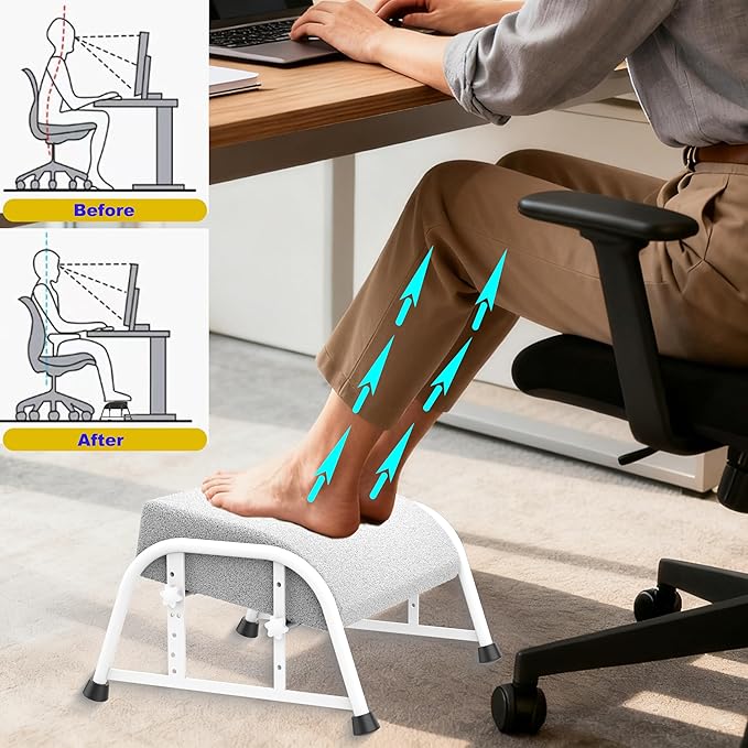 Under Desk Footrest with Memory Foam, Adjustable 10-Level Ergonomic Foot Rest for Office & Gaming Desk Accessories for Leg Rest, Reinforced Metal Frame, Non-Slip Base Extra Large（White 2 USE