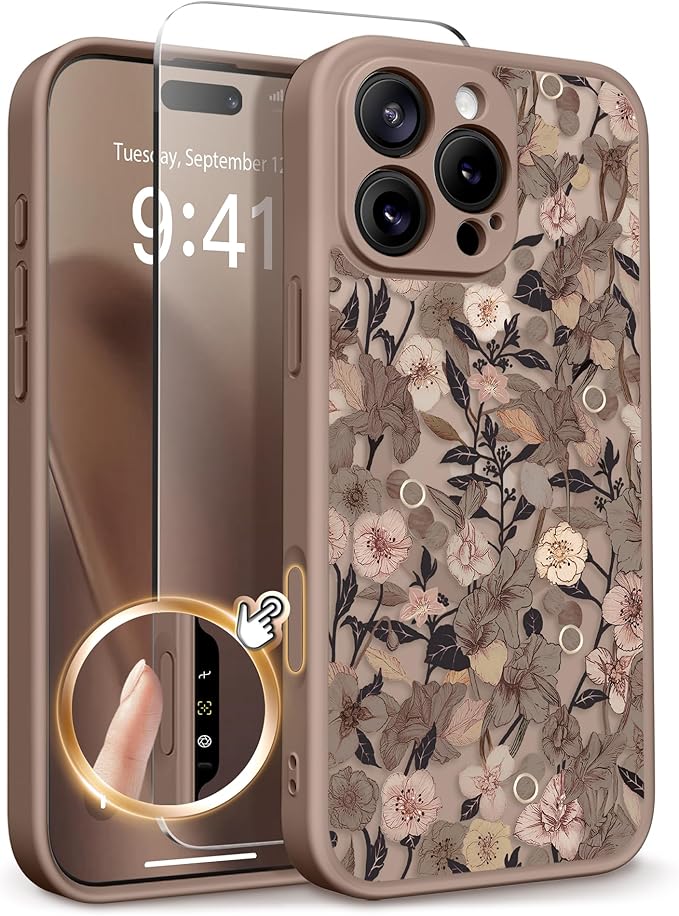 GVIEWIN for iPhone 16 Pro Max Case Compatible with MagSafe, [Military Grade Protection] [Screen Protector] Full Camera Protection Floral Translucent Women Magnetic Phone Case, Apricot Blossom/Brown