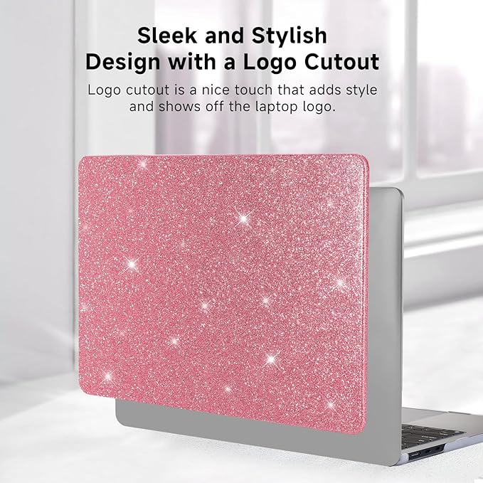 Funut Glitter Case for MacBook Air 13 Inch 2022 2021 2018 Release M1 A2337 A2179 A1932, MacBook Air 2020 Case, Women Girls Shiny Sparkle Bling PU Leather Hard Shell Cover & Keyboard Cover, Pink