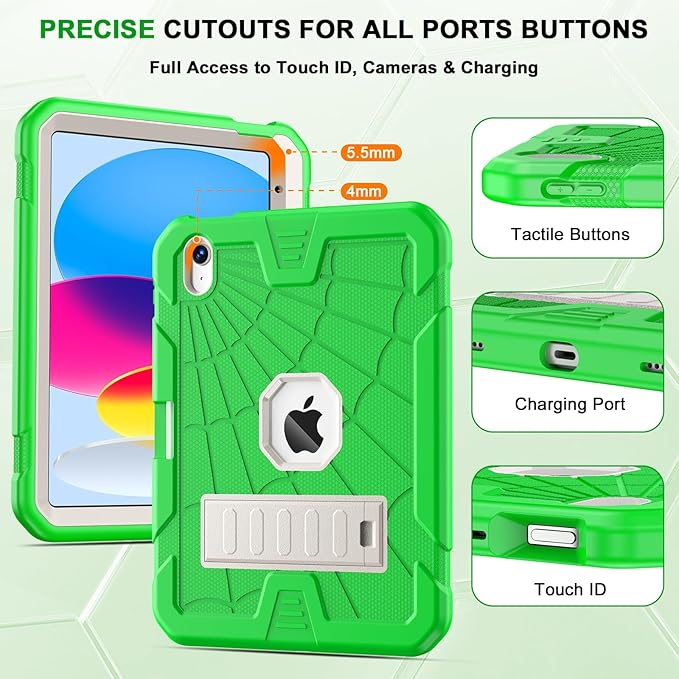 SIBEITU for iPad Case 11th A16/ 10th Generation 2025/2022, Heavy Duty iPad 10 Case with Built-in Kickstand & Pencil Holder, Hybrid 3-Layer Protective iPad 10th 10.9" Cover for Kids Boys Girls, Green