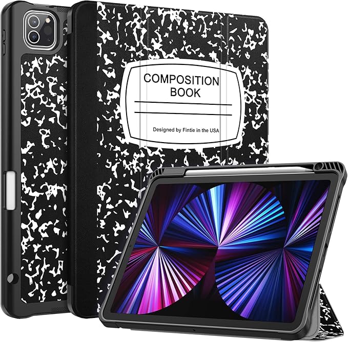 Fintie SlimShell Case for iPad Pro 11-inch (4th / 3rd Generation) 2022/2021 - Soft Flexible TPU Stand Back Cover with Pencil Holder, Also Fit iPad Pro 11" 2nd / 1st Gen, Composition Book Black