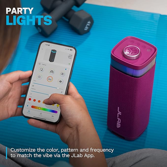 JLab JBuds Party Portable Bluetooth Speaker, 2 Full-Range Drivers + 2 Passive Woofers, IP56 Waterproof, 12 Hours Playtime, Connect Multiple Speakers, Custom Sound + RGB Lighting via App, Mulberry