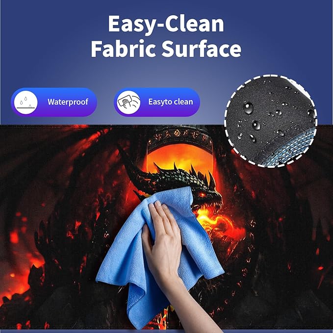 XXL Gaming Mouse Pad with Stitched Edges for PC Home & Office 31.5 x 11.8 inches - Abstract Dragon of Flames and Shadows Design, Smooth Fabric Surface Anti-Slip Rubber Base Large Desk Mat