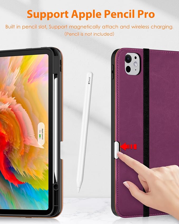 DTTO for iPad Pro 13 inch Case (M5/M4) 2025/2024, Premium Leather Business Folio Stand Cover with Pencil Holder - Auto Wake/Sleep & Multiple Viewing Angles, Built in Hand Strap & Pocket, Purple
