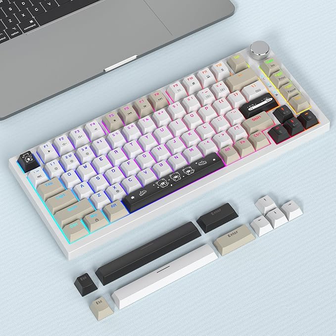 Owpkeenthy 75% Keyboard, 82 Key Gasket Mounted Mechanical Gaming, Wired RGB Backlit NKRO Compact Hot Swappable Keyboard with Volume Knob for PC Laptop (82 Gray White)