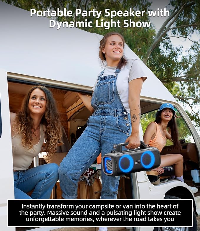 Portable Bluetooth Speaker 140W, Loud Wireless Speaker with 2 Subwoofers & Bass Boost, IP65 Waterproof Outdoor, 12000mAh Battery 24H Playtime, RGB Lights, TF/AUX/Mic Input for Home, Party, Outdoor
