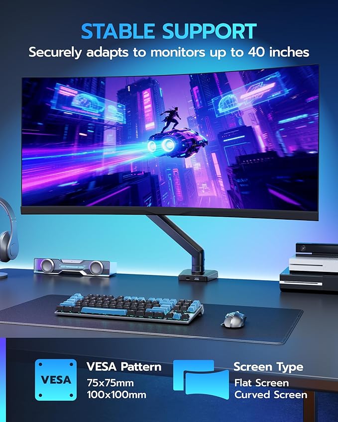 ARES WING Heavy Duty Single Monitor Arm - Fully Adjustable Monitor Mount for 17"-40" Ultrawide Screens up to 26.4 lbs with Clamp/Grommet Desk Mount and USB A/C, 75/100 Vesa Mount, Black