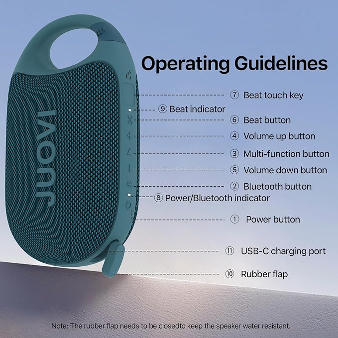 JUOVI Clip Wireless Portable Bluetooth Speaker, 24H Playtime Mini Shower Speaker IP68 Waterproof & Dustproof HD Sound Integrated Carabiner, for Home Outdoor and Travel