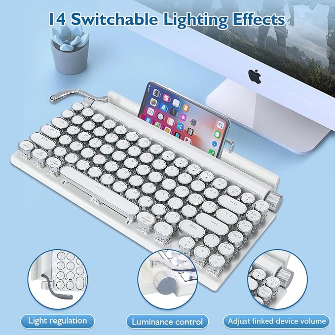 Adventurers Retro Typewriter Keyboard, 75% Layout 83 Keys with Blue Switch,Bluetooth 5.0,Fixed Multi-Color Backlight,Hot-Swappable for PC/Laptops/Mac/ipad(White)