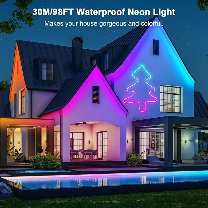 Cozylady RGB Neon LED Rope Lights, Waterproof Bluetooth APP Remote Control Music Sync Strip Lights, 24V Flexible DIY Silicone Light for Bedroom Home Indoor Outdoor Decor (30M/100Ft)