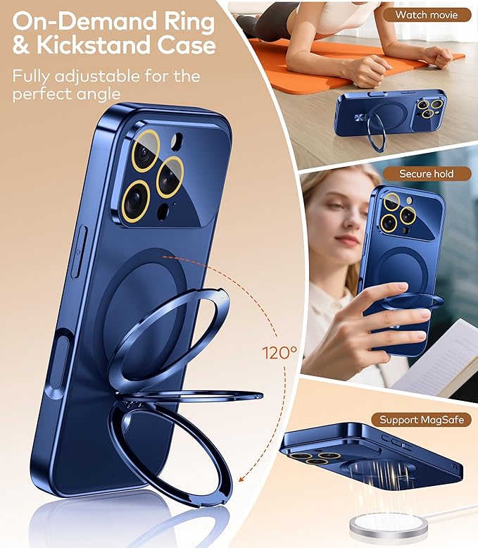 TOBOVON Magnetic for iPhone 16 Pro Max Case with Ring Stand, Fits MagSafe, with Built-in Camera Lens Protector, Slim Electroplated Shockproof Phone Cover, Blue