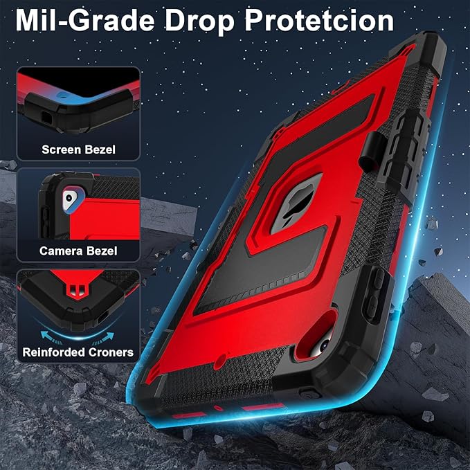 Kids Friendly Case for Apple iPad 10.2" 9th 8th 7th Generation 2021/2020/2019 Case with Pencil Holder & Shoulder Strap, Military Grade Shockproof Kickstand Hard Shell Protective Cover,Black+Red