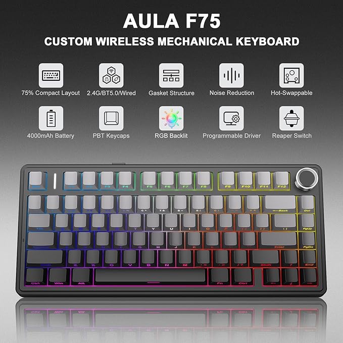 AULA F75 - 75% Wireless Mechanical Keyboard,Hot Swappable Custom Gaming Keyboard with Knob,BT5.0/2.4GHz/USB-C,RGB Backlit,Pre-lubed Reaper Switches,Double Shot PBT Keycaps,Mechanical Gaming Keyboards