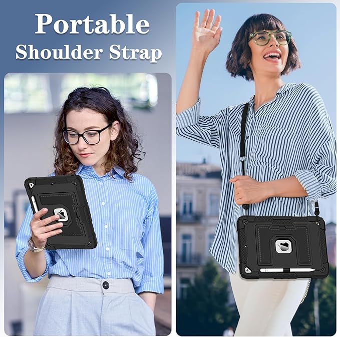Kids Friendly Case for Apple iPad 10.2" 9th 8th 7th Generation 2021/2020/2019 Case with Pencil Holder & Shoulder Strap, Military Grade Shockproof Kickstand Hard Shell Protective Cover,Black