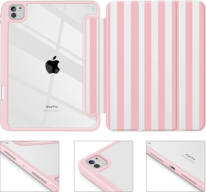 May Chen for iPad Pro 13 Inch Case M5 2025 / M4 2024, Built Pencil Holder & Clear Transparent Print Back Shell Slim Stand Shockproof Tablet Cover, Auto Wake/Sleep, Pink Stripes