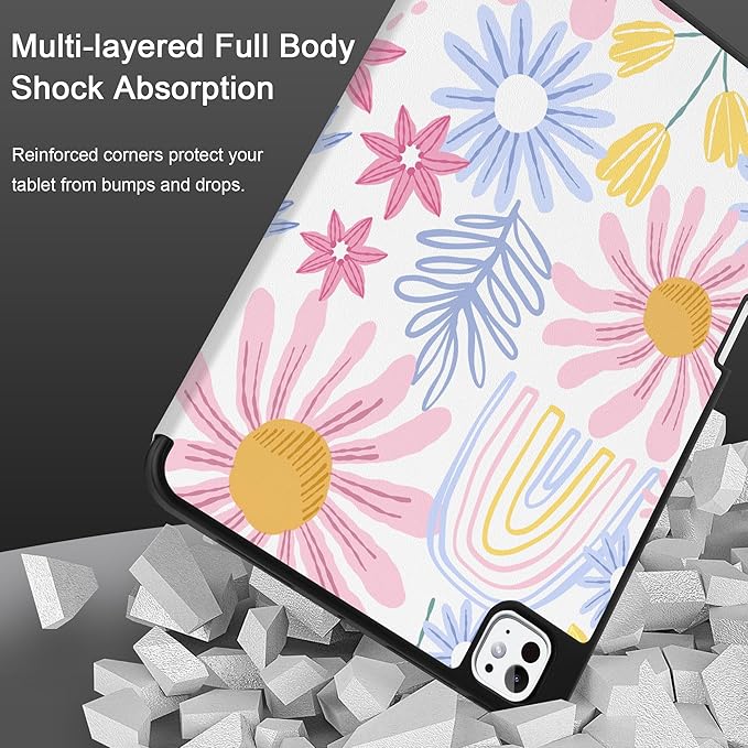 DONGKE Case for iPad Pro 11 inch (M5 2025 / M4 2024, 6th & 5th Generation) – [Built-in Pencil Holder] Ultra Slim PU Leather Trifold Stand Cover with Soft TPU Back, Auto Wake/Sleep, Colorful Florals