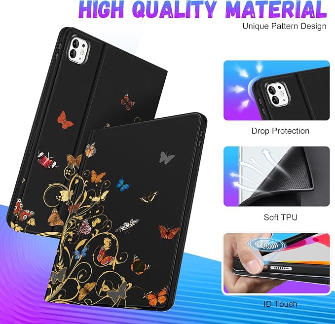 Uppuppy for iPad Pro 13 Inch Case 2024 - Women Cute Girls Folio Smart Cover with Pencil Holder Butterfly Girly Design Pretty Unique for iPad Pro M4 13 Inch Cases A2925 A2926 A3007