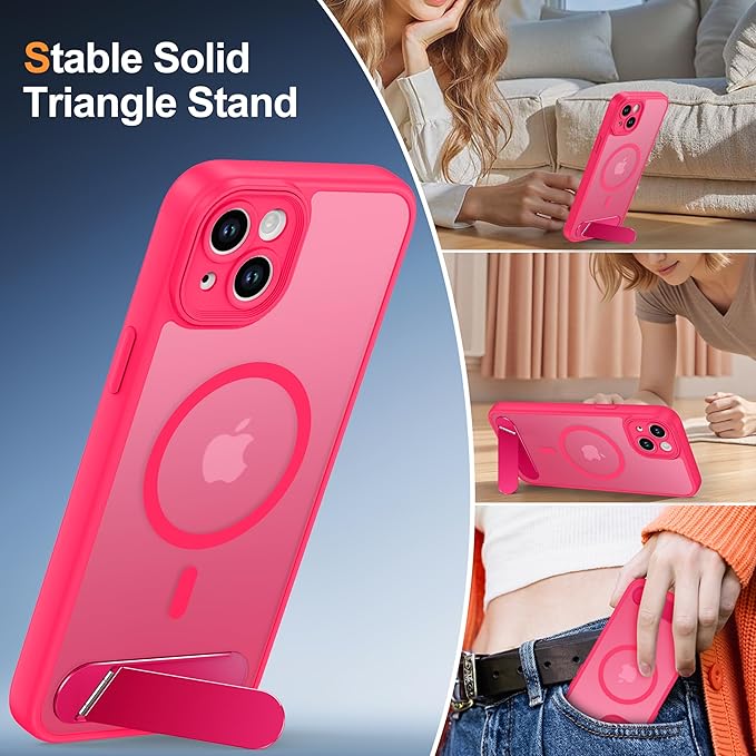 Magnetic Compatible with iPhone 15 Plus Case, [Built-in Kickstand][Full Camera Protection][Compatible with MagSafe][Anti-Fingerprint] Shockproof Phone Case for iPhone 15 Plus 6.7",HotPink